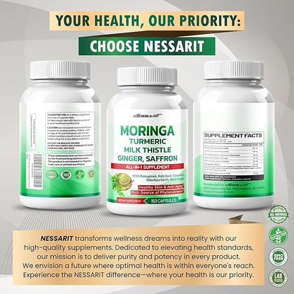 Moringa Supplement - 10-in-1 Natural Blend with Turmeric Milk Thistle Ginger Saffron Fenugreek Holy Basil Ceylon Cinnamon - 150 Count - Made & Tested in The USA