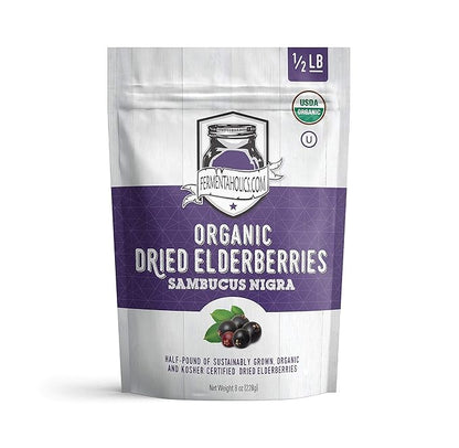 FERMENTAHOLICS | USDA Organic Dried Elderberries - 8 oz | All Natural Free Of Chemicals | For Syrup, Gummies, Kombucha, Tea, and Wine | Sambucus Nigra | Elderberry Syrup Instructions Included