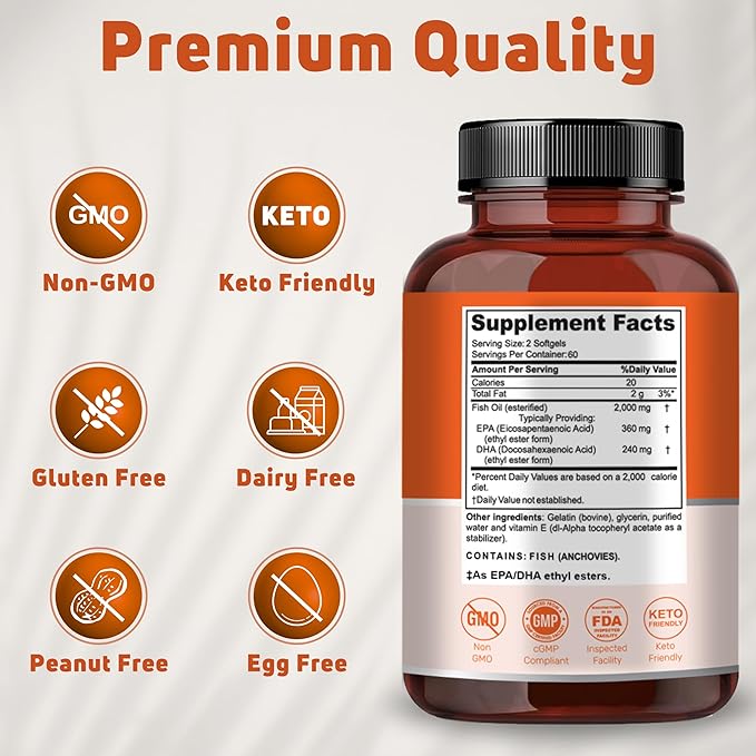 Omega 3 Fish Oil 2000mg. Fish Oil Omega 3 Supplements to Support Heart Health, Brain Functions and Cardiovascular System - Non-GMO, Gluten-Free & Keto-Friendly - 60 Servings, 120 Softgels