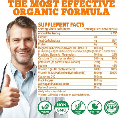 Magnesium Glycinate Soft Chews, Orange Flavor.Chewable Sugar Free Potassium Magnesium Chews with Magnesium Glycinate, Vitamin D, B6, and CoQ10 for Calm Support & Sleep for Adults, 60 Days Supply