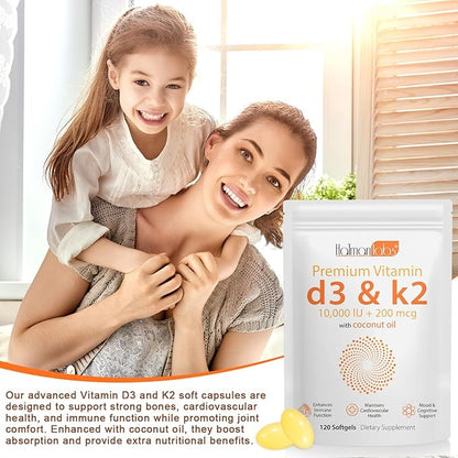 Vitamin D3 K2 Softgel 120pcs with Coconut Oil Support Immune, K2 D3 Vitamin Supplement Fast Absorption, D3 K2 Vitamin 10000IU, Promotes Healthy Bones, Non-GMO