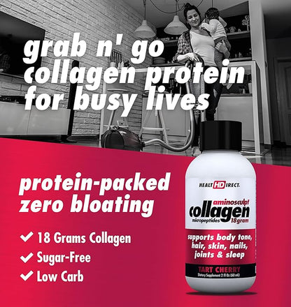 Health Direct – Medical-Grade Liquid Collagen Shots – AminoSculpt Sugar-Free – Tart Cherry – 12 Servings, (12pk, 2oz Shots) – Good for Joints, Bones, & Sleep – Better Hair, Skin & Nails