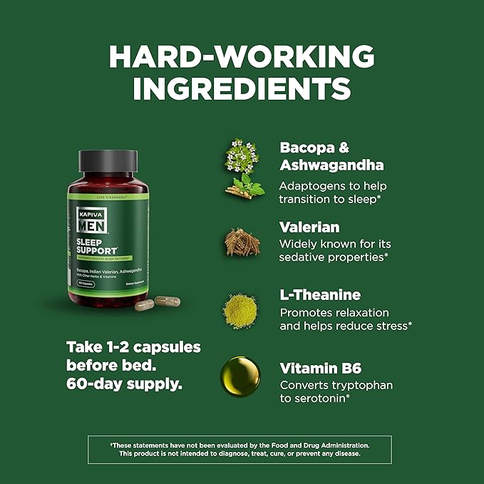 Sleep Support Supplement with Bacopa, Valerian, Ashwagandha, and Other Herbs and Vitamins, Supports Healthy Sleep Patterns, 60 Day Supply, 120 Capsules