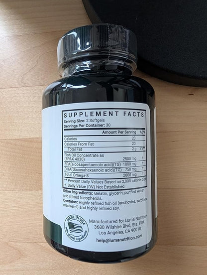 Luma Nutrition Omega 3 Fish Oil Supplement - Extra Strength 2500mg - 2000mg EPA & DHA - Brain and Heart Health - 60 Softgels