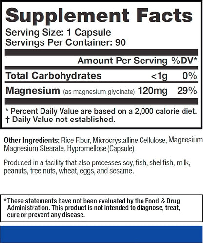 Magnesium Glycinate - Supplement for Muscle, Mood, Sleep, and Heart Health. 90 Veggie Capsules, 90 Day Supply
