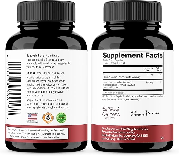Sandhu’s Zinc Quercetin 120 Vegetarian Capsules (Pack of 3) – Zinc Supplements for Antioxidant Immune Support for Men and Women – Gluten, Soy, Dairy Free