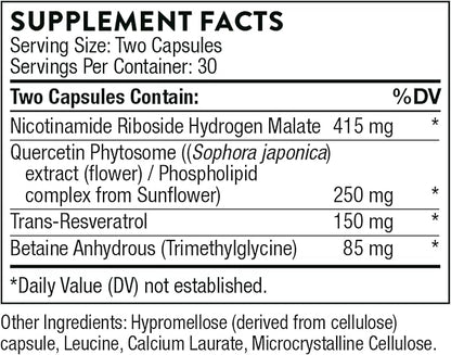 THORNE ResveraCel - Nicotinamide Riboside with Quercetin Phytosome and Resveratrol - Support Healthy Aging, Methylation, Cellular Energy Production and Metabolism* - 60 Capsules - 30 Servings