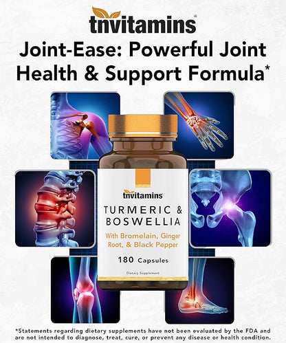 Turmeric & Boswellia Complex (180 Capsules) with Ginger Root, Bromelain, & Black Pepper Extract | Joint-Ease Formula: Powerful Joint Support Supplement* | Produced in The USA