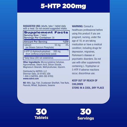 Natrol 5-HTP 200 mg, Time Release, Support a Balanced Mood, Dietary Supplement Provides Serotonin Production Throughout the Day, 30 Tablets, Up to a 30 Day Supply