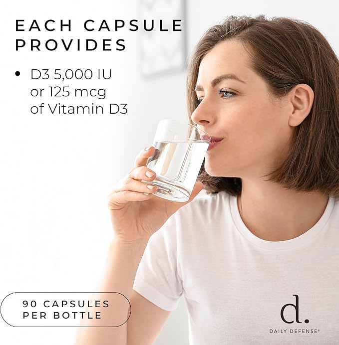 Immune Defense Supplements Vitamin D3 5000 IU for Heart Health, Daily Immune Support, Mental Clarity, & Muscle Function - 90 Vitamin D Supplements