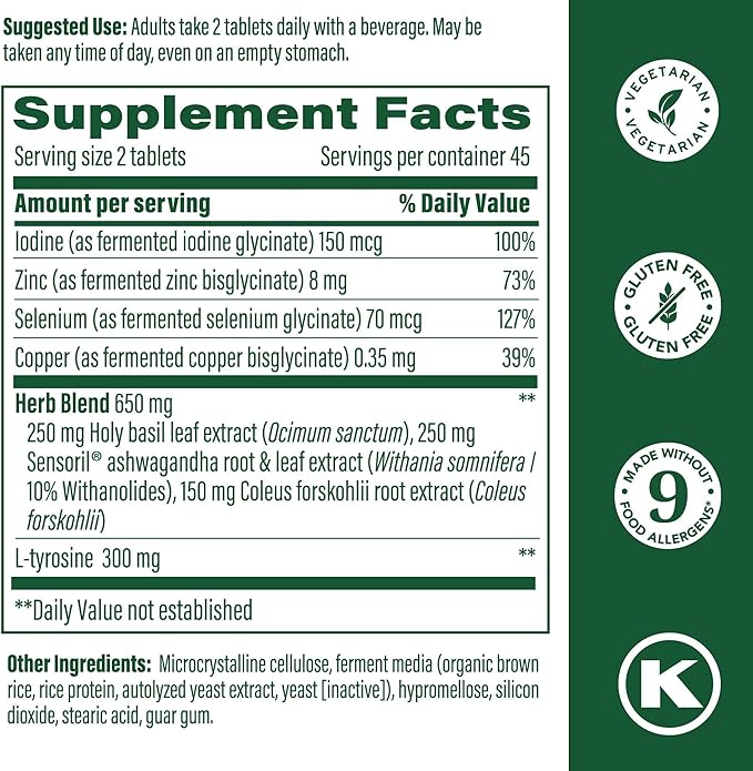 MegaFood Thyroid Strength - Mineral Supplement - Thyroid Support for Women with Ashwagandha, Zinc, Selenium, Copper, Iodine & L-Tyrosine & Herb Blend - Vegetarian - 60 Tabs (30 Servings)