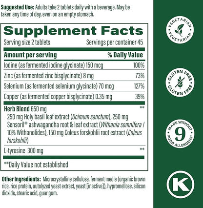 MegaFood Thyroid Strength - Mineral Supplement - Thyroid Support for Women with Ashwagandha, Zinc, Selenium, Copper, Iodine & L-Tyrosine & Herb Blend - Vegetarian - 60 Tabs (30 Servings)