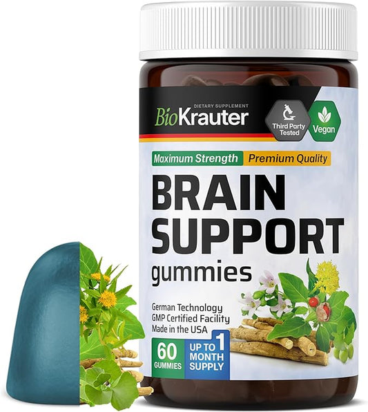 BIO KRAUTER Brain Support Gummies - 60 Vegan Chews - Natural Brain Supplement - Ashwagandha, Ginkgo Biloba, Bacopa, DMAE, and Vitamins for Cognitive Support