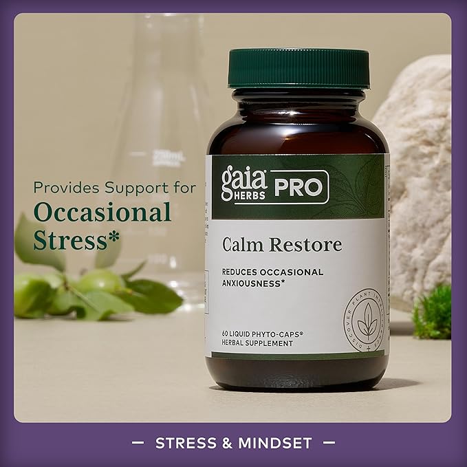 Gaia Herbs Pro Calm Restore - Nervous System Support Supplement* - Calm Support Supplement* with Skullcap Chamomile Holy Basil & Lavender - 60 Liquid Phyto-Caps (20 Servings)