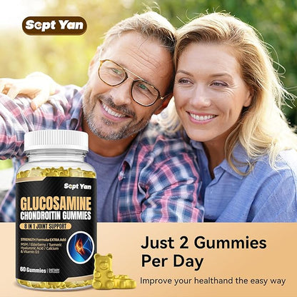 Glucosamine Chondroitin Gummies - 60 Joint Support Supplements - 1500mg Extra Strength with MSM, Elderberry, Turmeric - Cartilage & Immune Support for Adults, Men & Women Vegan - Easy to Swallow