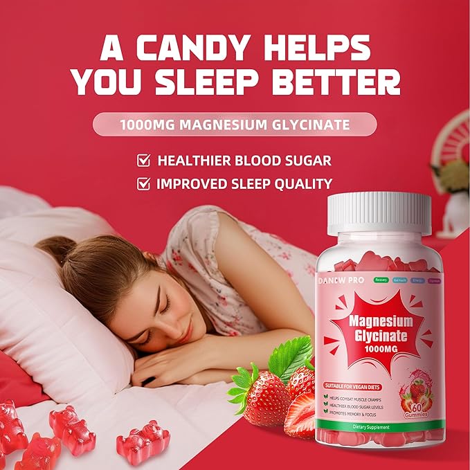 Magnesium Glycinate Gummies 1000mg - Sugar Free Magnesium Potassium Supplement with Vitamin D, B6, CoQ10 for Calm Mood & Sleep Support - 60 Strawberry Gummies