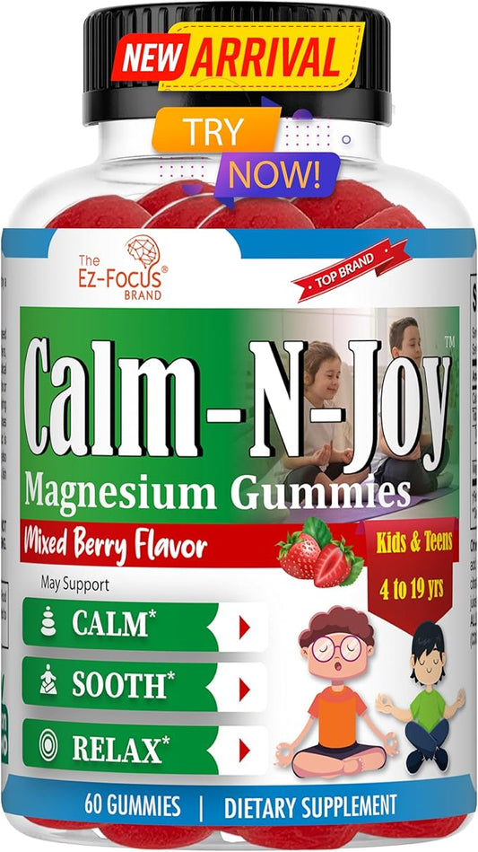 Magnesium Citrate Supplement for Kids & Teens, Anti-Stress Calm Magnesium Gummies Support Relaxed Muscles, Sleep, Bone Health, Gluten Free, Low Sugar 60 Ct