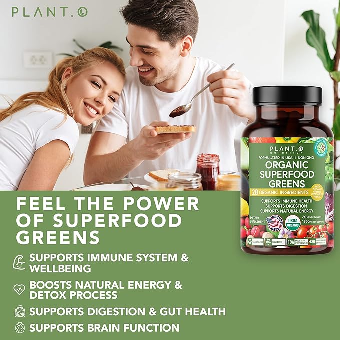 Plant.O Organic Super Greens [Fruit & Veggie Supplement] High Absorption Antioxidants from Green Powder with Alfalfa, Beet Root, Tart Cherry for Immune Support, Gut Health, Energy, 60 Veggie Tablets