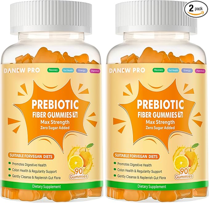 Prebiotic Fiber Gummies for Adults, 7G Extra Strength, Zero Sugar Added, 90 Pectin Based Gummies, Digestive Health -Orange-2pack