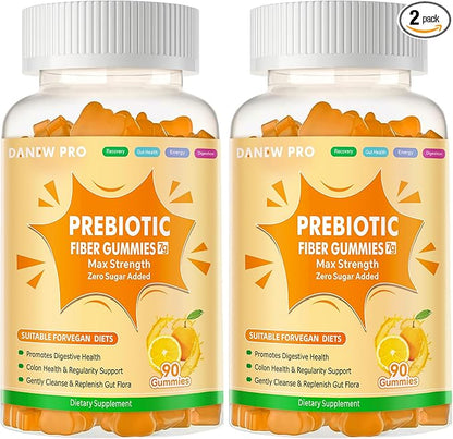 Prebiotic Fiber Gummies for Adults, 7G Extra Strength, Zero Sugar Added, 90 Pectin Based Gummies, Digestive Health -Orange-2pack