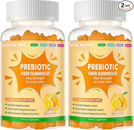 Prebiotic Fiber Gummies for Adults, 7G Extra Strength, Zero Sugar Added, 90 Pectin Based Gummies, Digestive Health -Orange-2pack