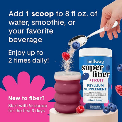 Bellway Super Fiber Powder + Fruit, Sugar Free Organic Psyllium Husk Powder Fiber Supplement for Regularity, Bloating Relief & Gut Health, Non-GMO, Plant-Based, Mixed Berry (50 Servings)