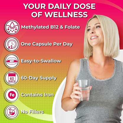 Women's Daily Multivitamin with Iron - Vegan Methylated Multivitamin for Women with Biotin, Organic Superfoods, Probiotics, B-Complex - Energy, Gut & Optimal Health Support – Easy to Swallow Capsules