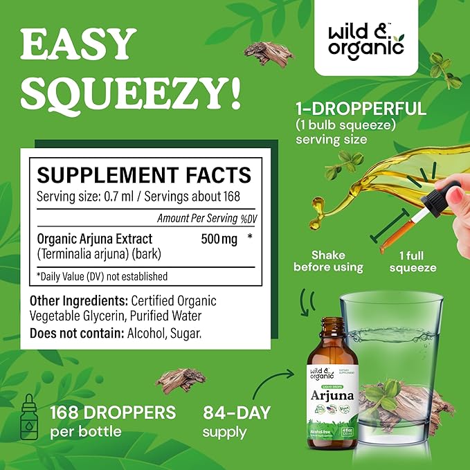 Wild & Organic Arjuna Bark Tincture - Overall Well-Being Supplement - Alcohol-Free Liquid Drops - Terminalia Arjuna Bark Extract - No Sugar & Additives, Non-GMO - 4 fl oz