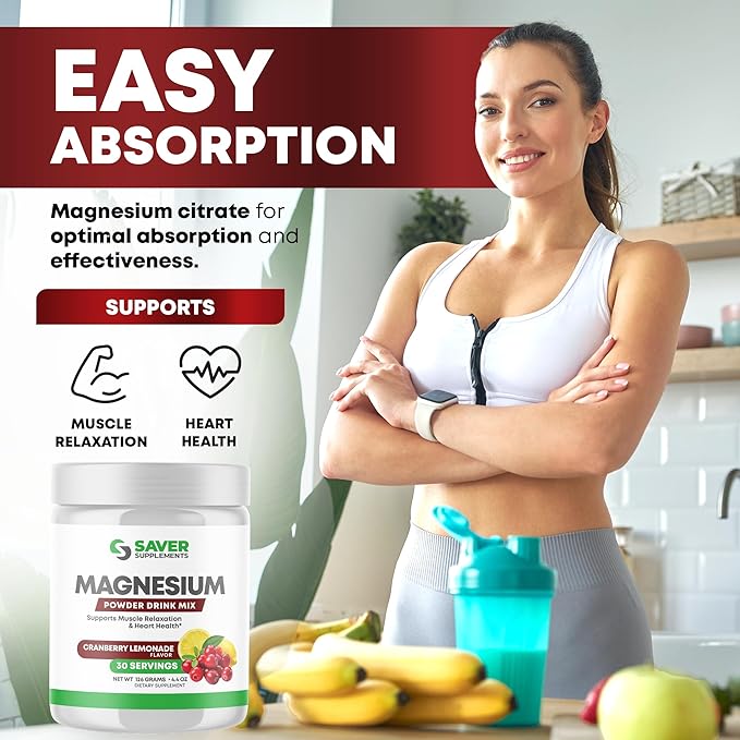 Magnesium Powder - Anti-Stress Drink Mix for Calm & Regularity - Magnesium Citrate Supplement - Relaxation, Muscle & Heart Support - Cranberry Lemonade Flavor - 30 Servings