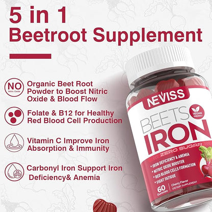 Beet Root Gummies with Iron, Methyl B12, Folate, Vitamin C, Increase Nitric Oxide & Iron Levels, Energy Support, Fight Fatigue, Beetroot & Gentle Iron Supplement for Women Men, Sugar Free, 120 Counts