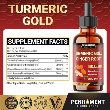 4in1 Liquid Turmeric Curcumin Drops Extract with Ceylon Cinnamon, Ginger and Black Pepper for Joint Support - 2FL oz - 60 Servings