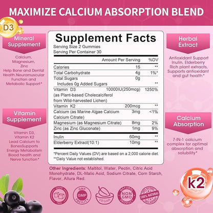 Vitamin D3 10000 IU + K2 (MK7) 200mcg w/Calcium Magnesium Zinc Elderberry & Inulin-Highly Bioavailable-Enhanced Absorption for Immune & Bone Support- K2 D3 Vitamin Supplement-Vegan Gummies