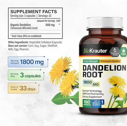 BIO KRAUTER Dandelion Root Capsules - 1800 mg Strength - 100 Count - Dandelion Root Supplement - Vegan Capsules for Liver Support