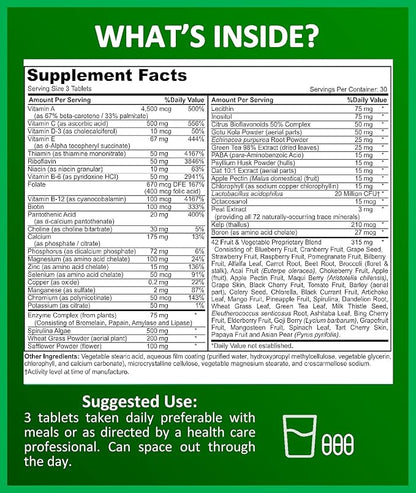 Potent Garden Adult Multivitamin for Women & Men, 42 Fruits & Vegetables Plus Probiotics, Supports Energy Metabolism & Immune System, Daily Multivitamin for Men & Women Non-GMO, 90 Tabs, 30 Servings