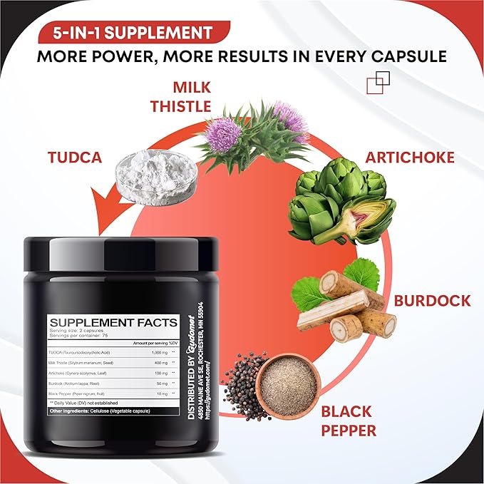 Premium TUDCA with Milk Thistle, Artichoke, Burdock & Black Pepper – Supports Bile Flow & Liver Health -150 Capsules- Made in The USA