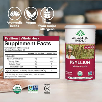 ORGANIC INDIA Whole Psyllium Husk Powder Organic - Psyllium Husk Fiber Supplement, Digestion Support, Vegan, Gluten-Free, Non-GMO, Soluble & Insoluble Fiber Source - 12 oz Canister, 6 Pack