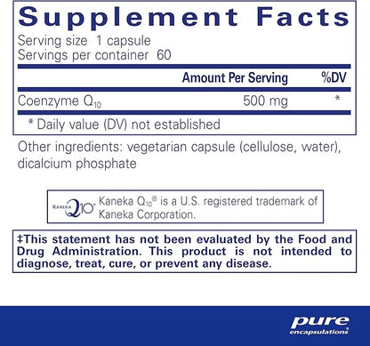 Pure Encapsulations CoQ10 500 mg | Coenzyme Q10 Supplement for Energy, Antioxidants, Brain and Cellular Health, Cognition, and Cardiovascular Support* | 60 Capsules