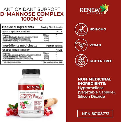 Renew Actives High Potency D-Mannose & Cranberry Complex 1000MG per 2 Capsules – with Hibiscus & Dandelion Extracts – Antioxidant Blend – No Artificial Flavours - Made in Canada - 120 Capsules