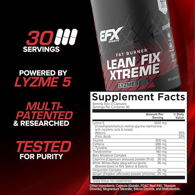 EFX Sports Lean Fix Xtreme | Weight Loss Supplement | Multi-Patented, Fat Burning Formula | Powered by Lyzme 5 | 30 Servings, 90 Capsules