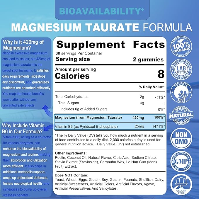 Magnesium Taurate 420mg + Vitamin B6 for Enhanced Absorption, Supporting Hēalthy Hēart, Zzzs, Relaxation, Nerve & Muscle Health – Vegan, Non-GMO, Gluten-Free, Sugar-Free, 2-Pack