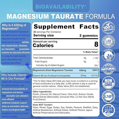 Magnesium Taurate 420mg + Vitamin B6 for Enhanced Absorption, Supporting Hēalthy Hēart, Zzzs, Relaxation, Nerve & Muscle Health – Vegan, Non-GMO, Gluten-Free, Sugar-Free, 2-Pack