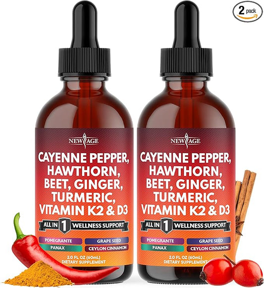 Cayenne Pepper Supplement Liquid Drops + Hawthorn Berry, Vitamin D3 K2 Beet Root Powder, Ceylon Cinnamon, Turmeric Curcumin, Organic Panax Ginseng - 4oz