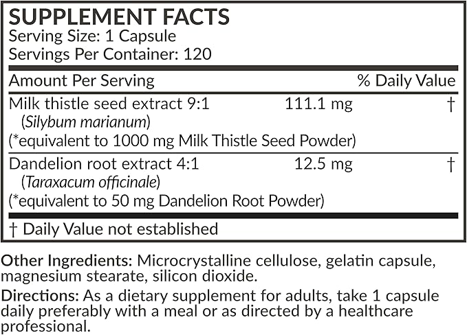 Futurebiotics Milk Thistle Silymarin Marianum & Dandelion Root Liver Health Support, Antioxidant Support, Detox, 120 Capsules