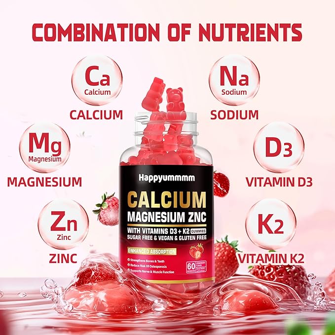 Calcium Magnesium Zinc Gummies with Vitamin D3 & K2 - High Potency Enhanced Absorption -60 Strawberry Gummies Flavored.