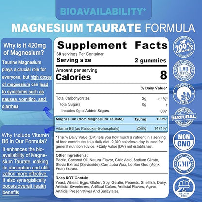 Magnesium Taurate 420mg + Vitamin B6 for Enhanced Absorption, Supporting Hēalthy Hēart, Zzzs, Relaxation, Nerve & Muscle Health – Vegan, Non-GMO, Gluten-Free, Sugar-Free, 60 Cts