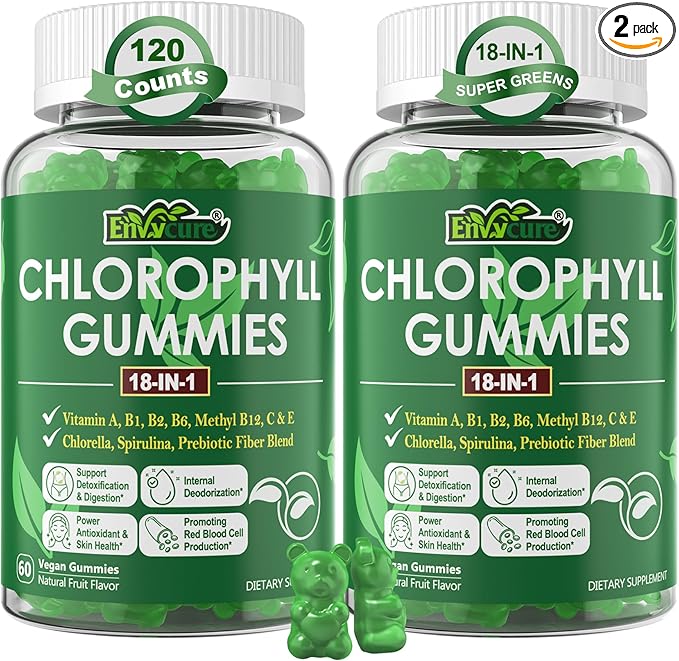 Chlorophyll Gummies, Super Green 18-IN-1 with Organic Chlorella Spirulina, Wheat Grass, Magnesium, Prebiotic Fiber for Internal Deodorant*,Comfort Digestion, Metabolism,Immune, Fresh Body Odor, 2Packs