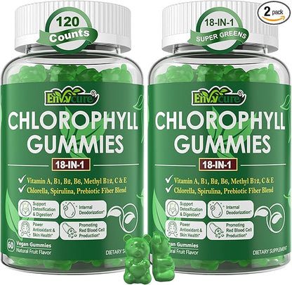 Chlorophyll Gummies, Super Green 18-IN-1 with Organic Chlorella Spirulina, Wheat Grass, Magnesium, Prebiotic Fiber for Internal Deodorant*,Comfort Digestion, Metabolism,Immune, Fresh Body Odor, 2Packs