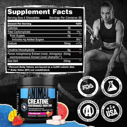 Animal Creatine Chews Tablets - Enhanced Creatine Monohydrate with AstraGin to Improve Absorption, Sea Salt for Added Pumps, Delicious and Convenient Chewable Tablets - Fruit Punch