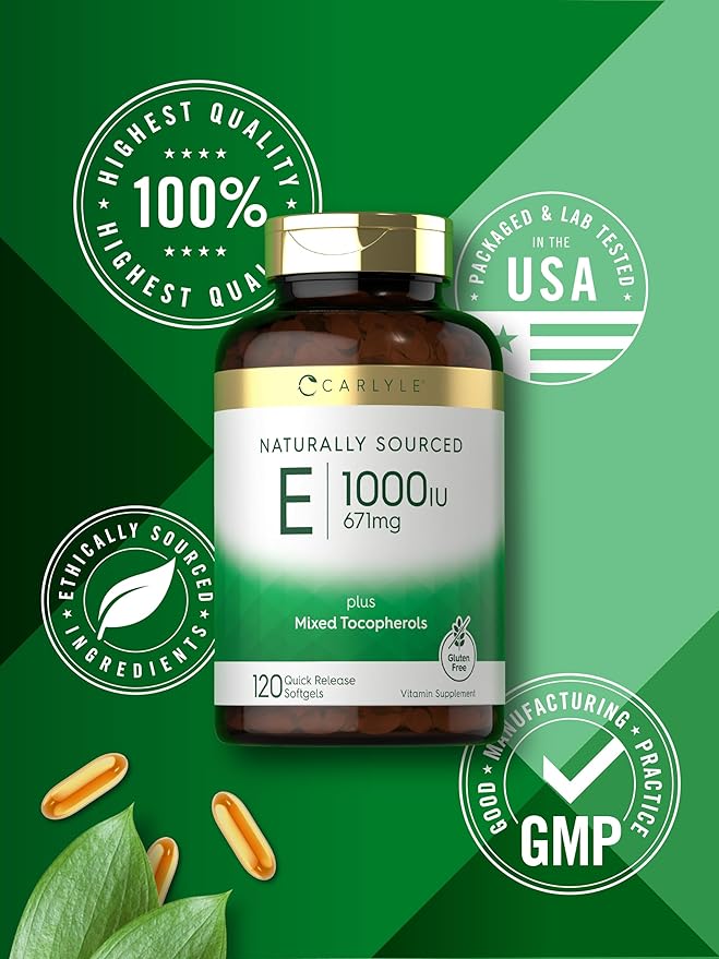 Carlyle Vitamin E with Mixed Tocopherols | 1000 IU | 120 Softgels | Naturally Sourced Supplement | Non-GMO and Gluten Free Formula