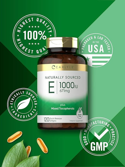 Carlyle Vitamin E with Mixed Tocopherols | 1000 IU | 120 Softgels | Naturally Sourced Supplement | Non-GMO and Gluten Free Formula